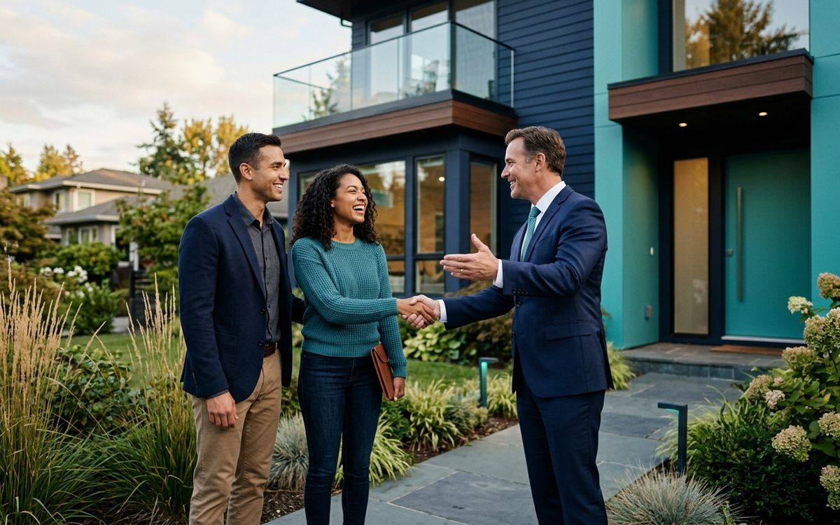A home buyer couple meeting a local real estate agent in front of a house