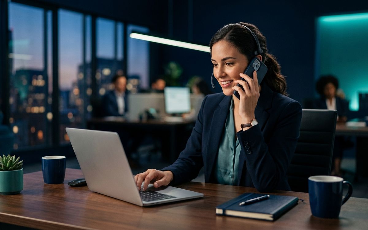 A real estate agent following up with leads on a laptop and phone at a tidy desk