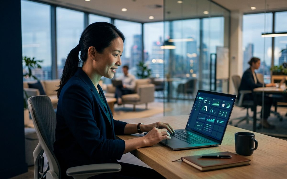 A real estate agent reviewing prioritized leads on a laptop in a bright modern office